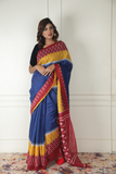 blue silk saree with yellow and red borders