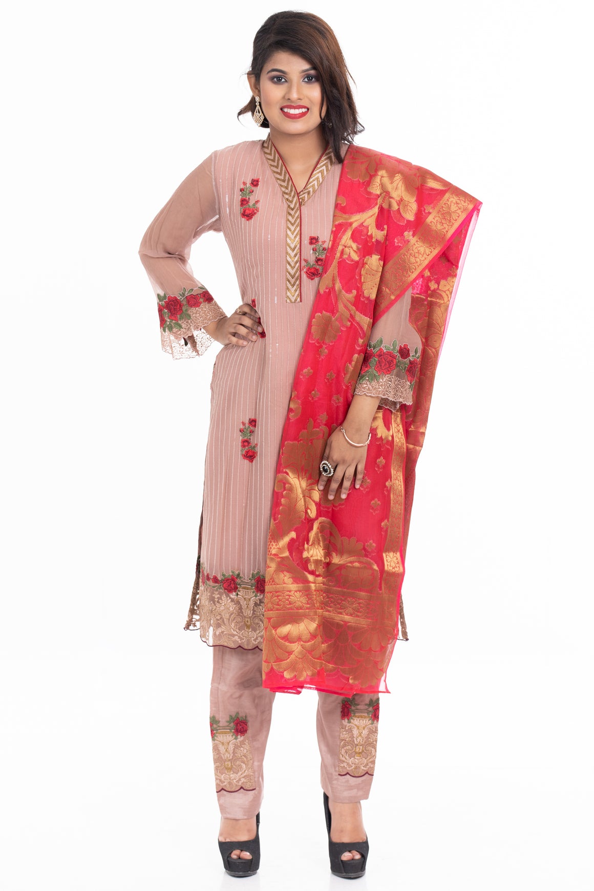 Georgette kameez with embroidery work and  katan dupatta
